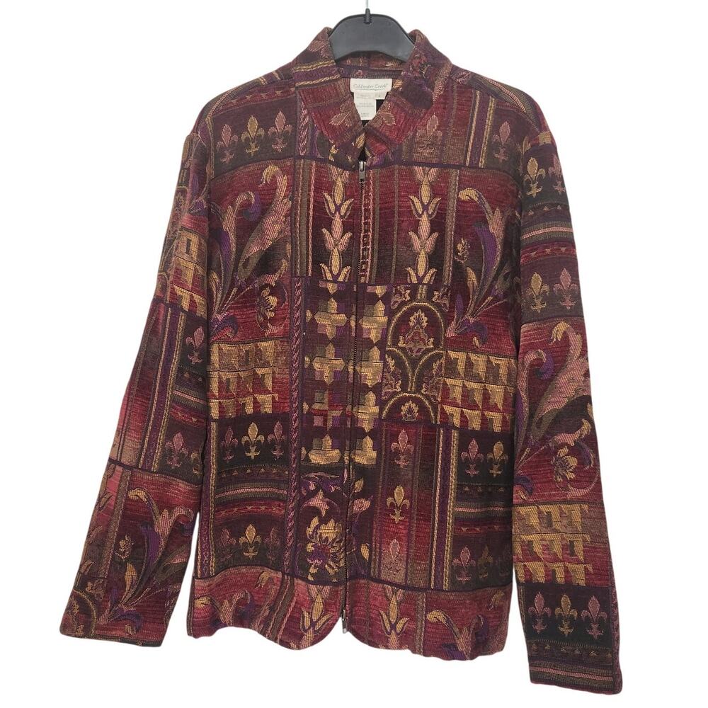 Coldwater Creek Burgundy Purple Fleur-de-lis Zip-up Tapestry Jacket Women's L